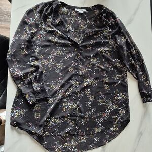 Black Floral Button-Front Blouse with Multicolor Sprigs